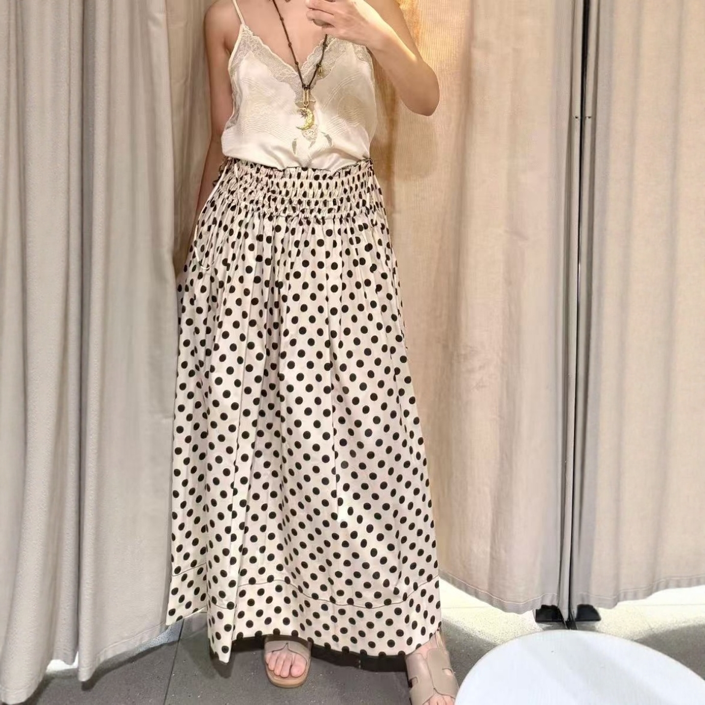 弹力腰身系带波点迷笛半身裙