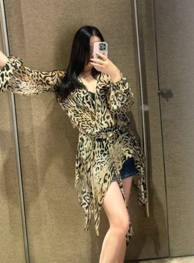 ZA外贸出口新款豹纹印花V领配腰带薄纱外搭飘带装饰上衣8551067