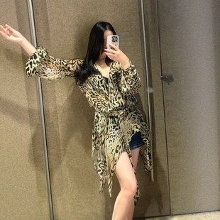 ZA外贸出口新款 饰上衣8551067 豹纹印花V领配腰带薄纱外搭飘带装