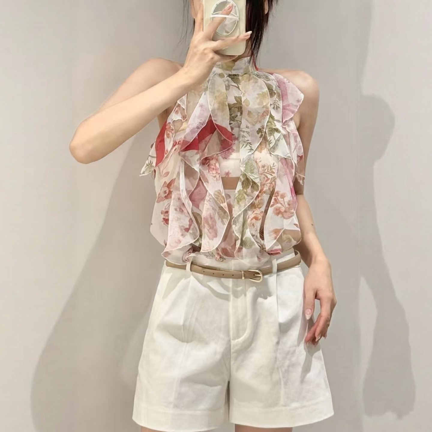 ZA外贸出口女装堆堆领木耳边花朵印花叠层装饰上衣2298125