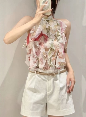 ZA外贸出口女装堆堆领木耳边花朵印花叠层装饰上衣2298125