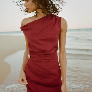 ZA外贸出口新款 酒红色斜领露肩亚麻混纺褶皱迷笛连衣裙女2840709