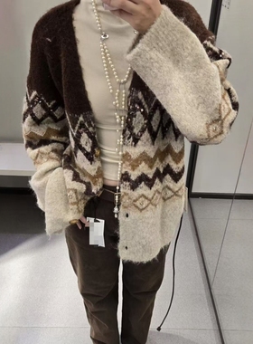 ZA外贸出口女装菱形波浪纹理提花珠片配腰带针织外套9874103 330