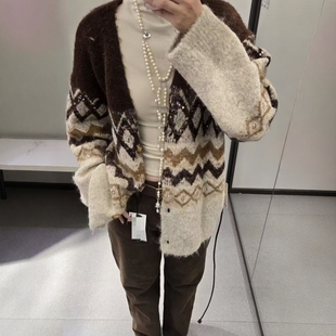 ZA外贸出口女装 330 菱形波浪纹理提花珠片配腰带针织外套9874103