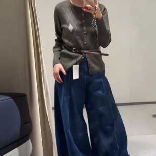 ZA外贸出口2756123排扣装 2756122 饰老爹风配腰带菱形纹针织外套