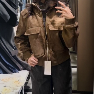 风罗纹立领飞行员夹克外套女 8372062 工装 ZA外贸出口绒面质感美式