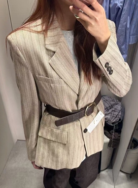 ZA外贸出口女装通勤风简约长袖配腰带人字斜纹西装外套 2226163