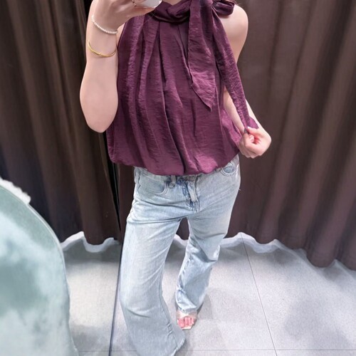 温柔风休闲咖色蝴蝶结饰蓬蓬上衣