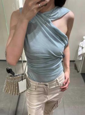 ZA外贸出口新品性感辣妹风斜肩褶皱网纱抹胸连体衣5039337 406