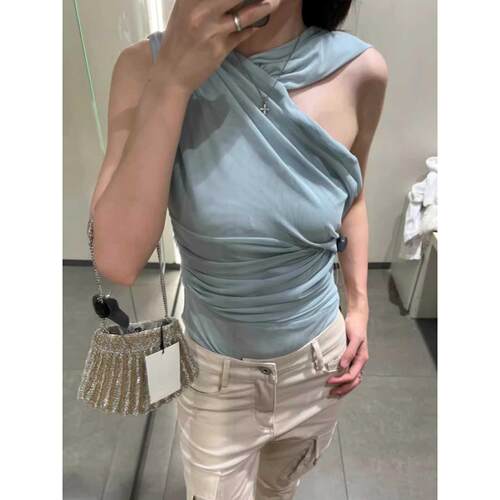 柜199斜肩连体衣褶皱网纱抹胸