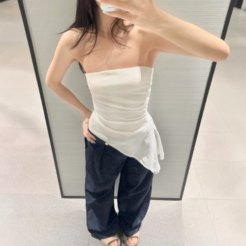 纹理质感法式露肩直领裹胸式上衣