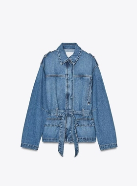ZA外贸出口新品宽松版型可收腰配腰带牛仔夹克外套女 8197072 443