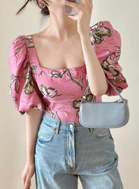 ZA外贸出口夏季方领泡泡公主袖亚麻粉色印花短袖上衣女3225737