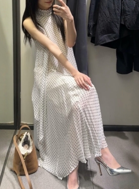 ZA外贸出口 气质女装新品高级感甜美波点挂脖领连衣裙5289042