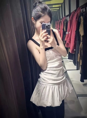 ZA外贸出口新品拼接撞色褶皱蓬蓬裙摆短款宽吊带连衣裙女5067101