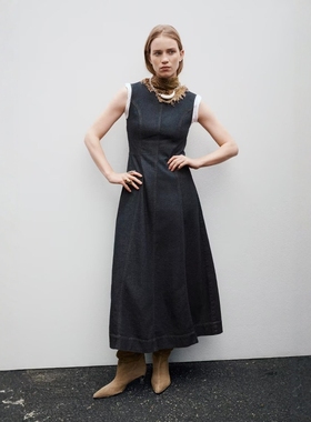 ZA外贸出口新品女装棉质竖纹饰无袖背心牛仔迷笛连衣裙 7484054