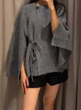 ZA外贸出口女装新品高级灰色系带装饰针织开叉袖大衣外套2756146