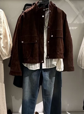 ZA外贸出口美式工装口袋饰皮革反绒飞行员夹克外套上衣女3046258