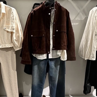 ZA外贸出口美式 口袋饰皮革反绒飞行员夹克外套上衣女3046258 工装