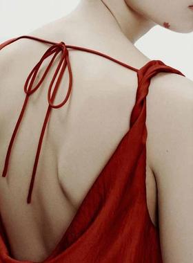 ZA外贸出口连衣裙系带出众红色丝缎高定质感吊带晚礼服2590987