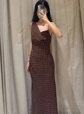 ZA外贸出口单肩吊带不对称荡领设计褶皱领口波点连衣裙女3152274
