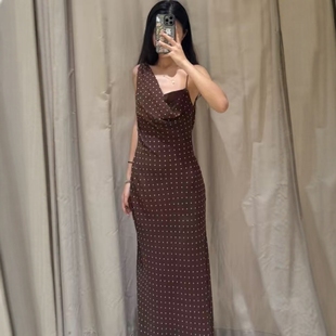 ZA外贸出口单肩吊带不对称荡领设计褶皱领口波点连衣裙女3152274