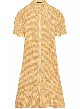 ZA外贸出口女装学院风黄色小格纹单排扣短袖翻领短连衣裙 4661327