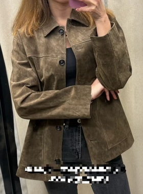 ZA外贸出口女装美式伐木工装风做旧工艺口袋饰反绒皮夹克 2969042
