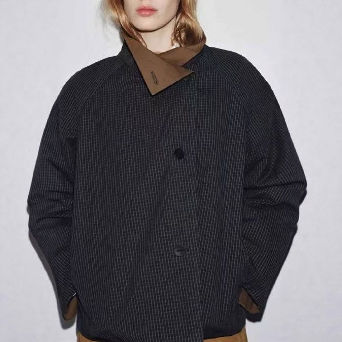 斜扣装饰立领保暖短款双面穿风衣