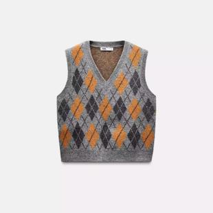 ZA外贸出口秋冬菱形纹理撞色鸡心领复古无袖 背心马夹女2142175