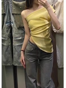 ZA外贸出口马卡龙色卡扣饰斜领抹胸背心褶皱不对称上衣0085330