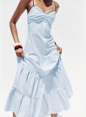 ZA外贸出口女装黑色饰边分层设计条纹迷笛连衣裙2587070 044