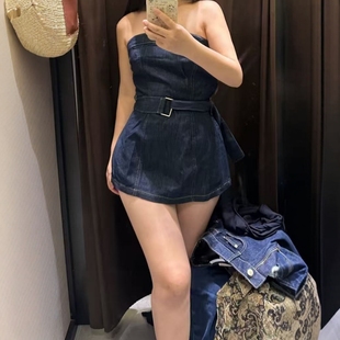 上衣7484158 长款 ZA外贸出口女装 7484161辣妹风配腰带牛仔裹胸式