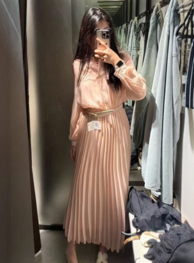 ZA外贸出口女装花瓣粉气质感显瘦配腰带褶皱迷笛连衣裙3897096