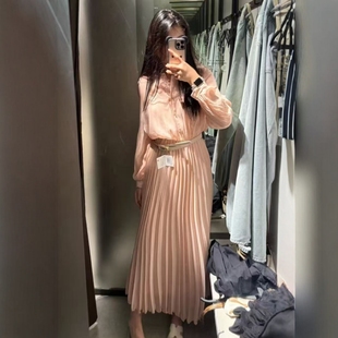 ZA外贸出口女装 花瓣粉气质感显瘦配腰带褶皱迷笛连衣裙3897096