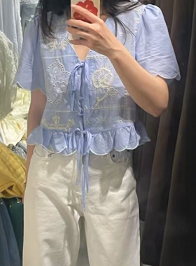 ZA外贸出口女装自然田园风休闲镂空刺绣蝴蝶结衬衫 4387097 406