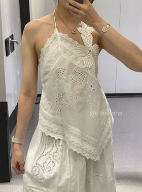 ZA外贸出口新款纯手工刺绣钩花系带花朵不对称上衣吊带女6895240