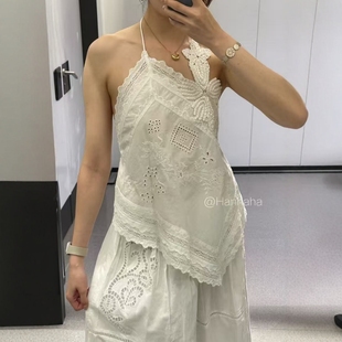 ZA外贸出口新款 纯手工刺绣钩花系带花朵不对称上衣吊带女6895240