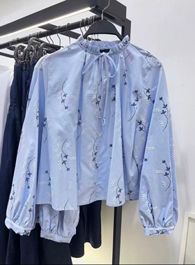 ZA外贸出口女装压胶工艺花边褶皱领口淡蓝刺绣印花衬衫 3564065