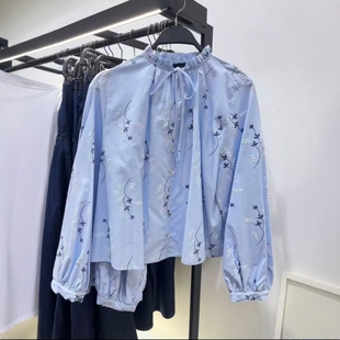ZA外贸出口女装 3564065 压胶工艺花边褶皱领口淡蓝刺绣印花衬衫
