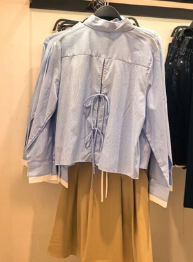 ZA外贸出口女装翻领淡蓝色拼接撞色袖口露背蝴蝶结短衬衫 4387810