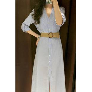 ZA外贸出口新款 连衣裙4387062 通勤风配腰带蓝色条纹气质亚麻衬衫