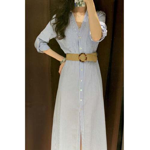 柜429！通勤风配腰带条纹连衣裙