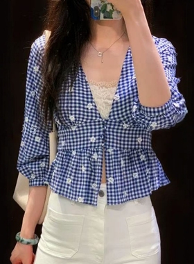 ZA外贸出口女装蓝色小格纹刺绣星空碎花收腰府绸衬衫 3564052 044