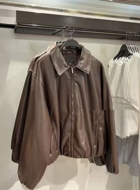 ZA外贸出口美式复古休闲宽松PU仿皮飞行员皮衣夹克外套女4341736