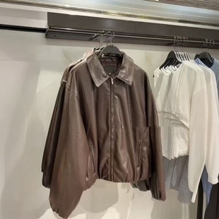 ZA外贸出口美式 复古休闲宽松PU仿皮飞行员皮衣夹克外套女4341736