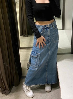 ZA外贸出口秋季新品伐木工装大口袋显瘦牛仔半身裙女8197990 400