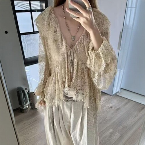 扎染法式蕾丝微透叠层装饰衬衫