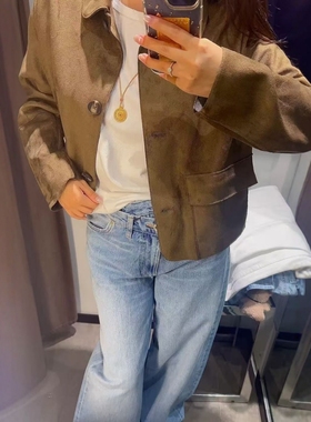 ZA外贸出口美式工装风口袋饰反绒皮效果短款夹克外套4968224