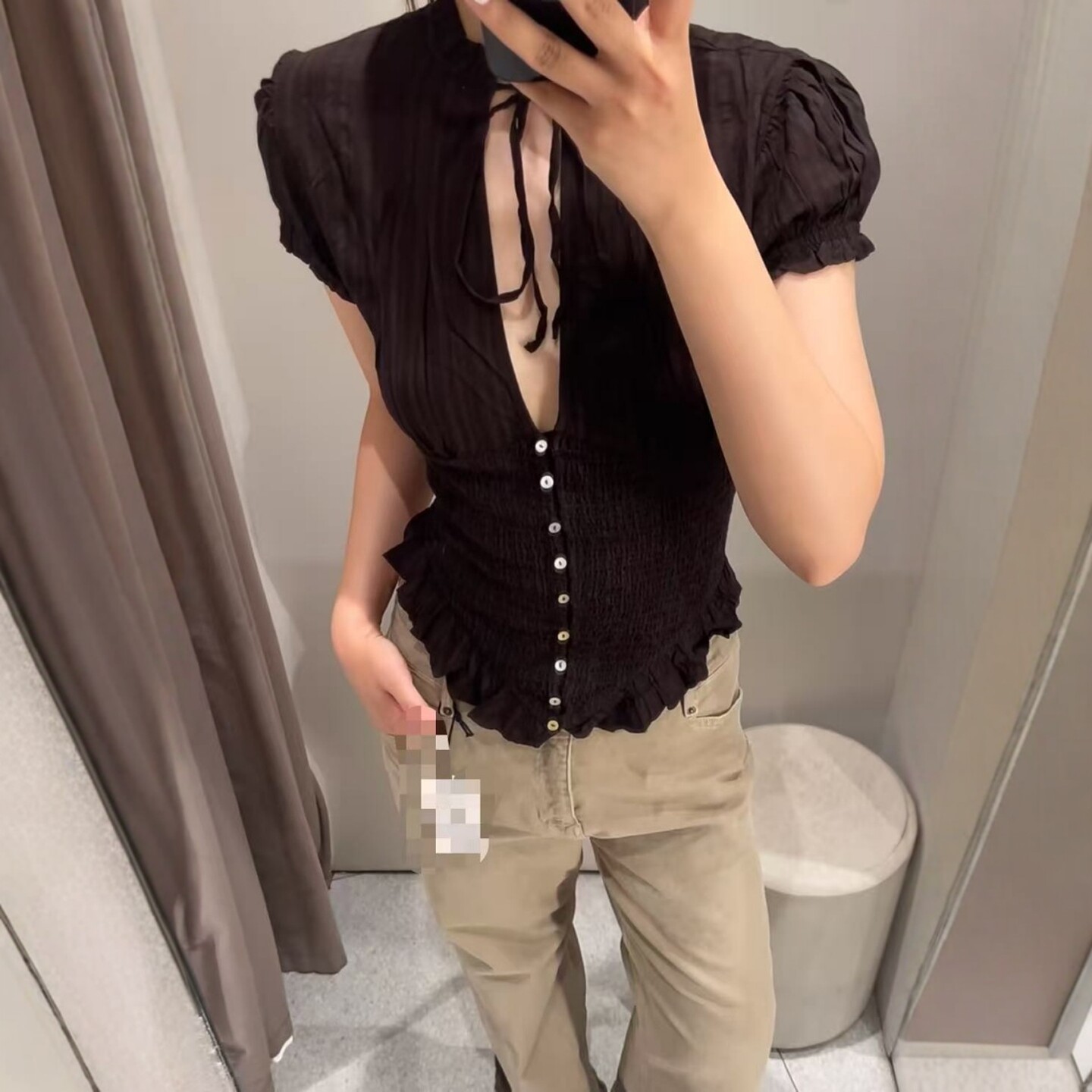 ZA外贸出口女装学院风纹理质感弹力系带蝴蝶结饰构造上衣7521020